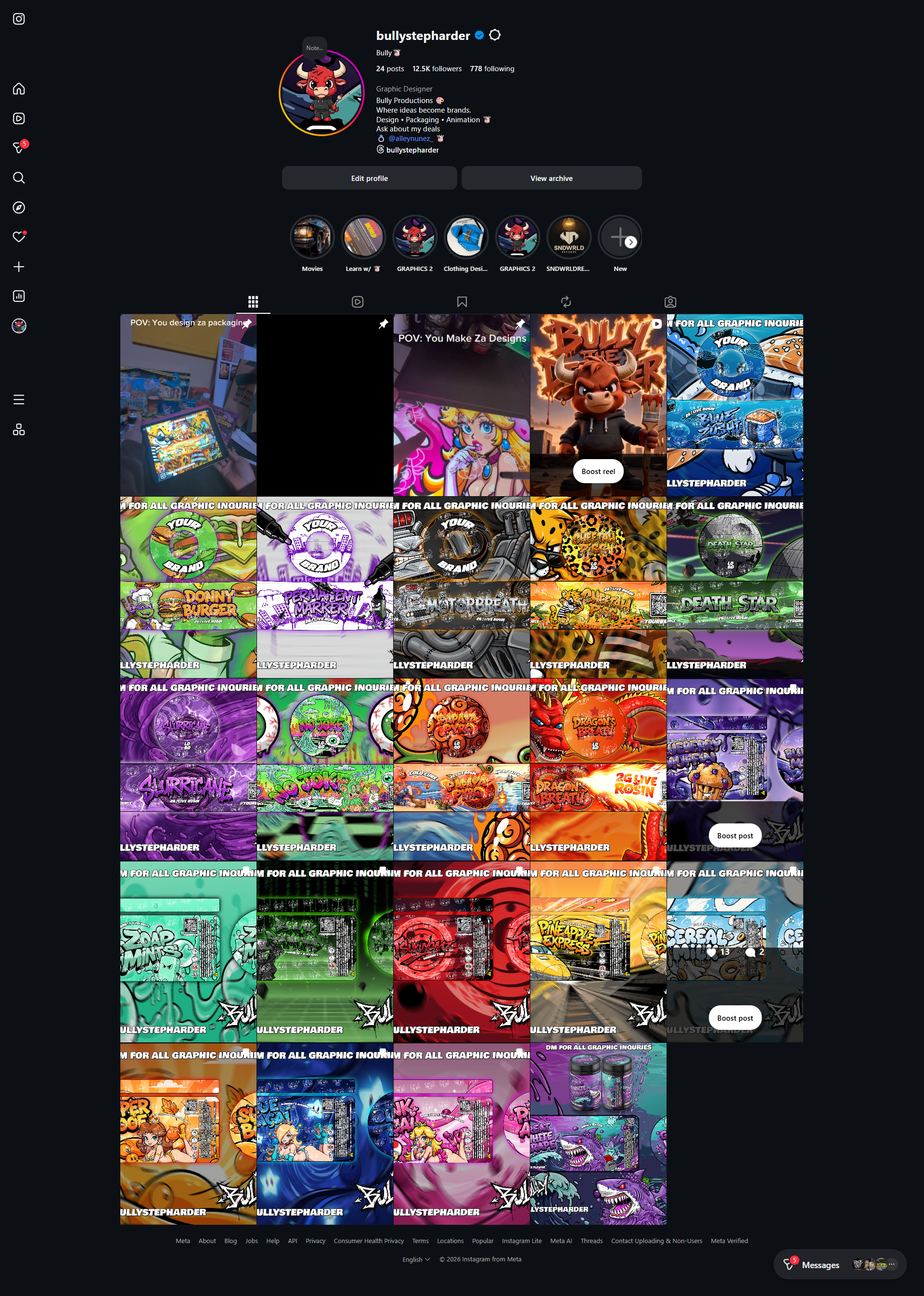 Instagram portfolio grid showing graffiti-style designs